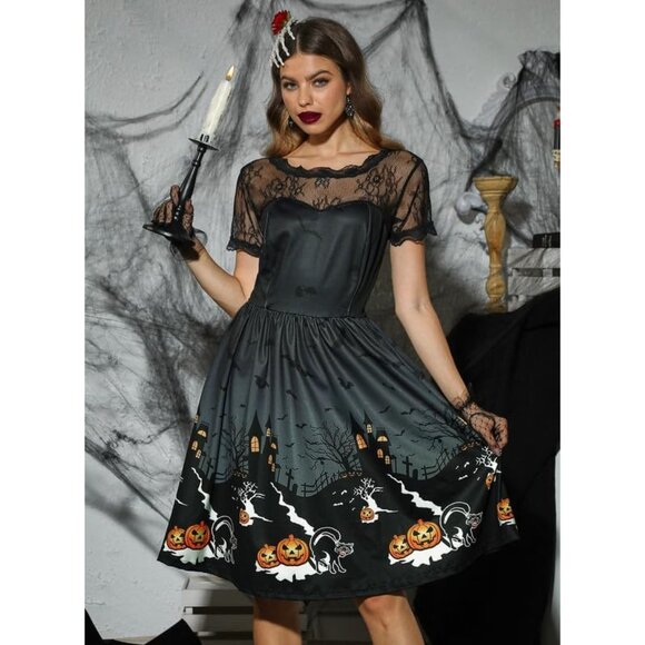 Womens Halloween Costume Lace Short Sleeves Swing Black Midi Dress - Picture 4 of 5